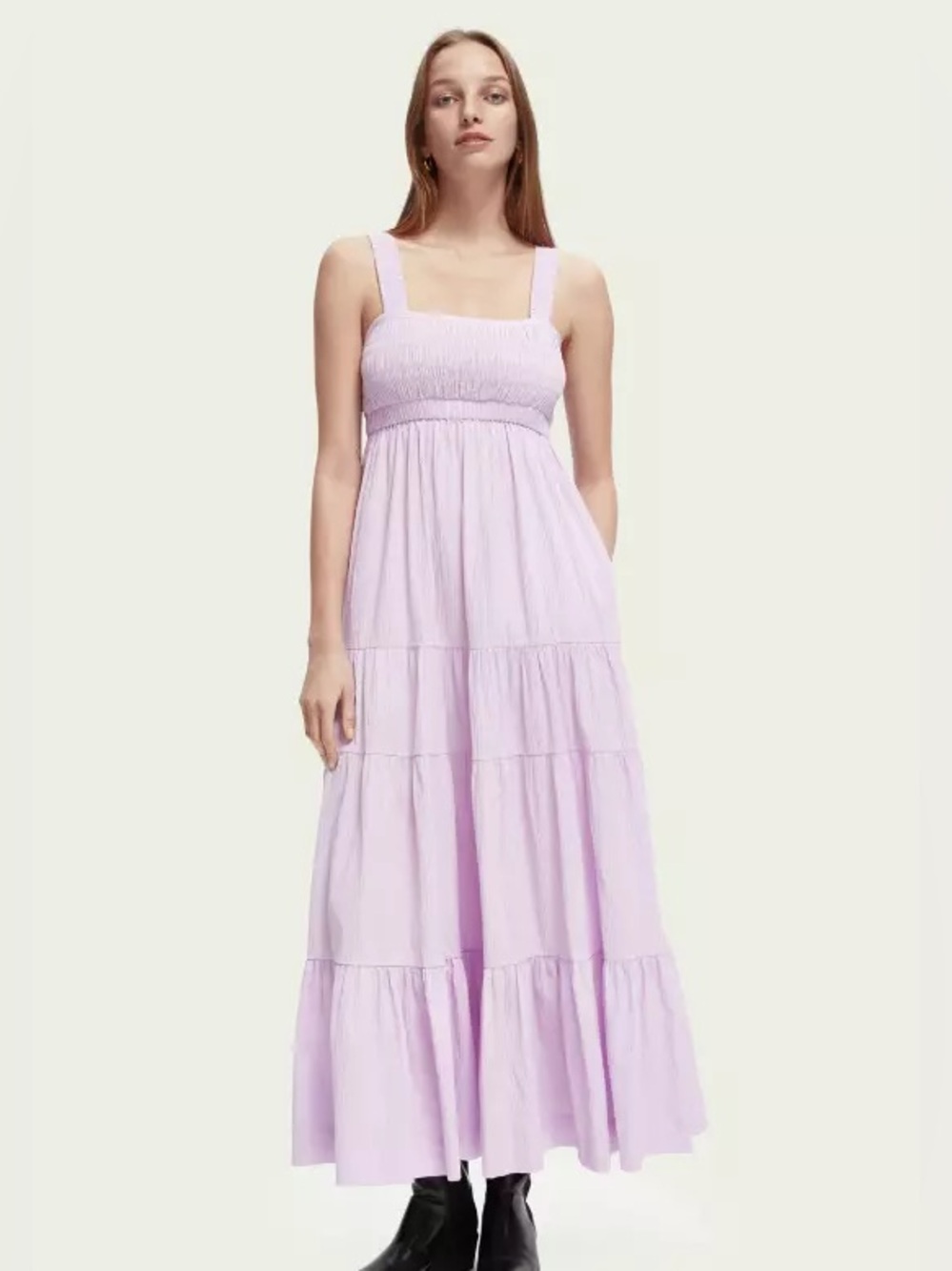 Scotch & Soda Maxi Dress Women’s S Seersuckers Lilac Smocked Tiered Cotton